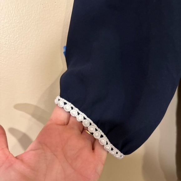 Zara Basic Collection Navy Blue Blouse Top 3/4 Sleeve‎ White Trim Medium - Picture 4 of 5